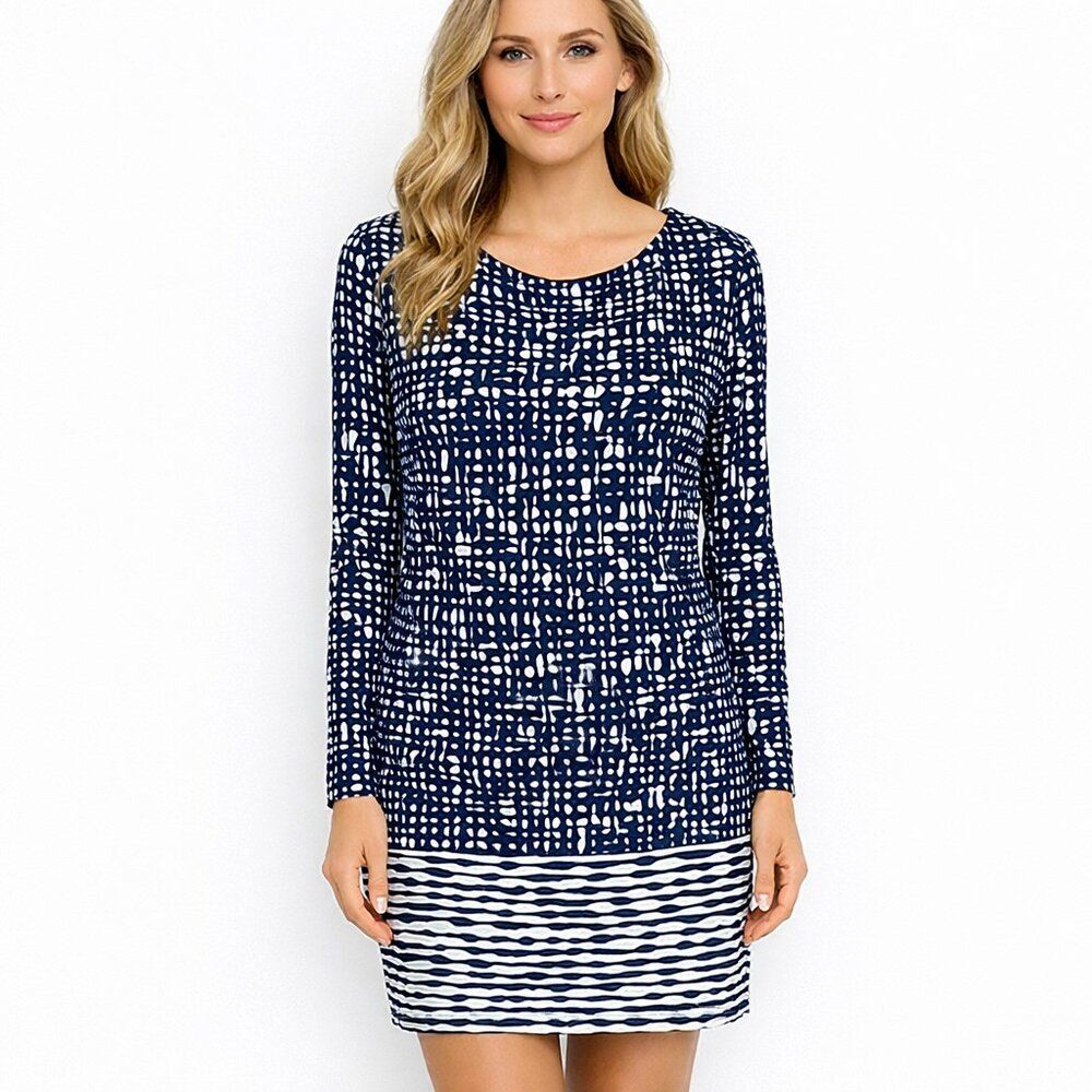 Vince Camuto Long Sleeve Jersey Knit Stretch Dress Size 14 Navy Blue & White